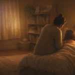 Criança vendo coisas invisíveis: mãe sentada na beirada da cama do quarto infantil, inclinada para a filha sob as cobertas, à luz quente do abajur