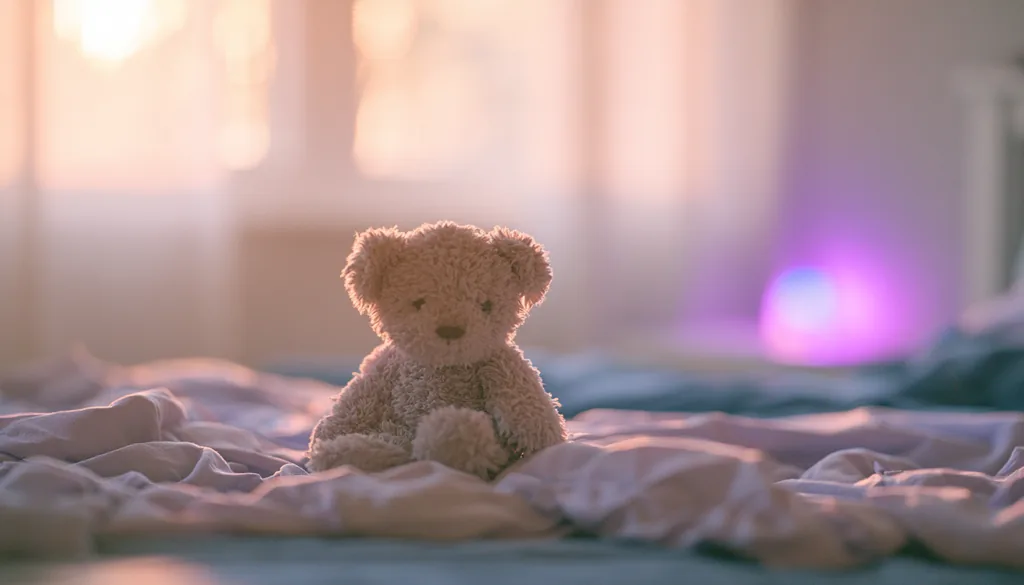 Quarto infantil vazio pela manhã, com luz suave na cortina e bichinho de pelúcia na cama