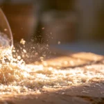 Derramar arroz na cozinha: grãos de arroz cru caindo de uma tigela sobre bancada de madeira