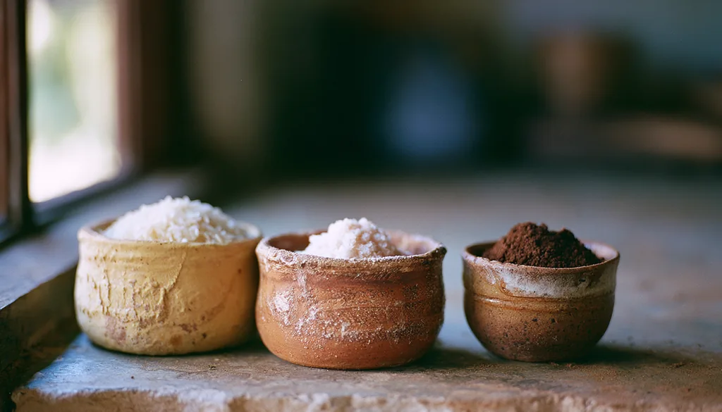 Bancada de cozinha com potes de arroz, sal grosso e café lado a lado ao entardecer