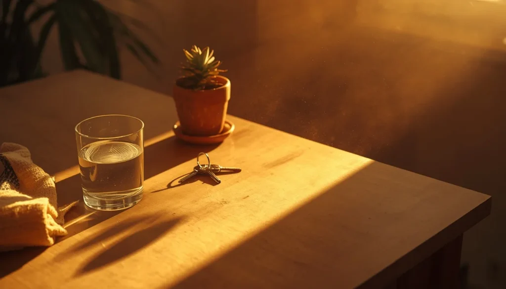 Mesa com objetos cotidianos tocados por luz dourada, sobre significado espiritual
