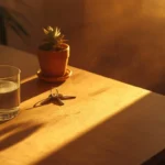 Mesa com objetos cotidianos tocados por luz dourada, sobre significado espiritual