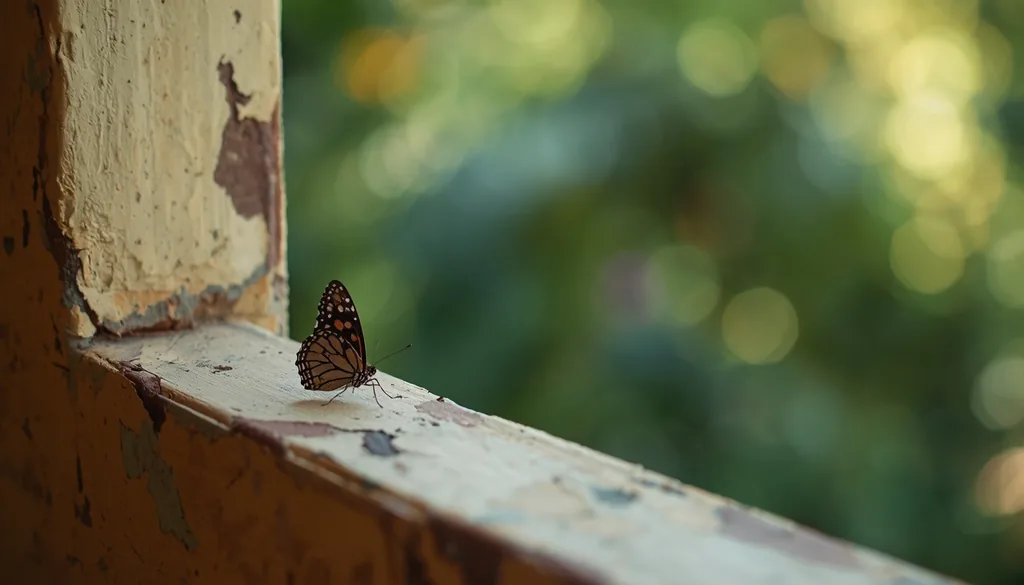 Borboleta pousada no batente da janela de uma casa brasileira