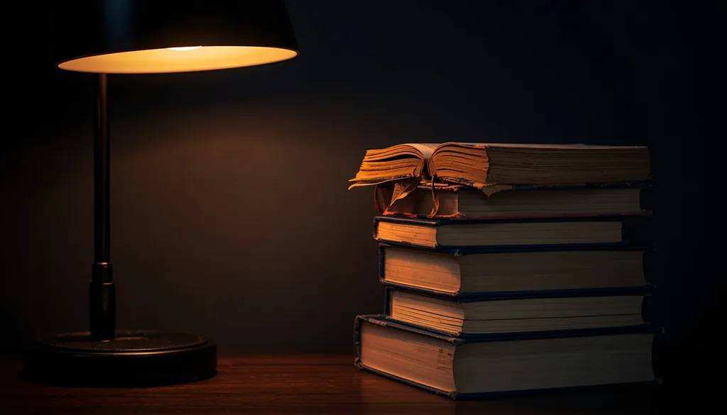 Livros de simbologia empilhados sob luz de leitura