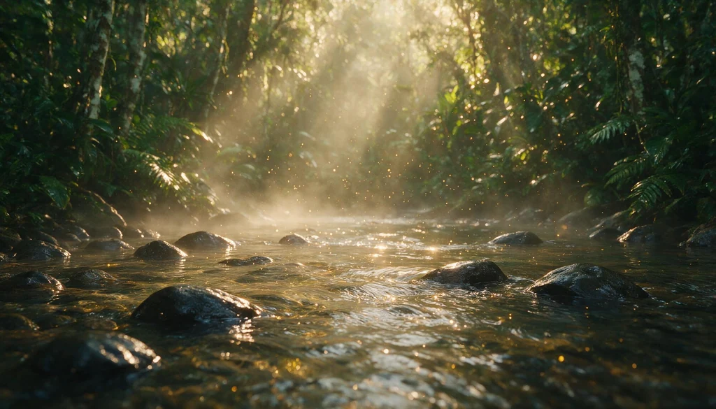 Elementos da natureza ligados aos orixás: água doce, mata e pedra ao amanhecer