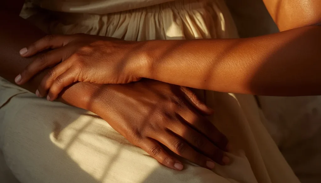 Maos em repouso com luz dourada sobre a pele, sobre sinais espirituais no corpo