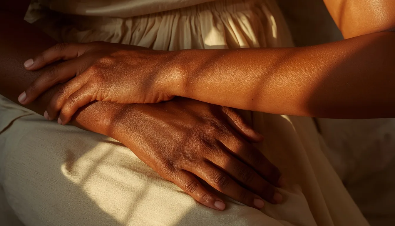 Maos em repouso com luz dourada sobre a pele, sobre sinais espirituais no corpo