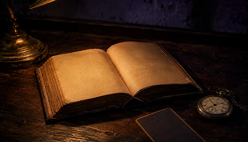 Sincronicidade: livro antigo aberto, relógio de bolso parado e carta de tarô virada sobre mesa de madeira