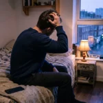 Homem sentado na beira da cama coçando o alto da cabeça, com o celular virado ao lado