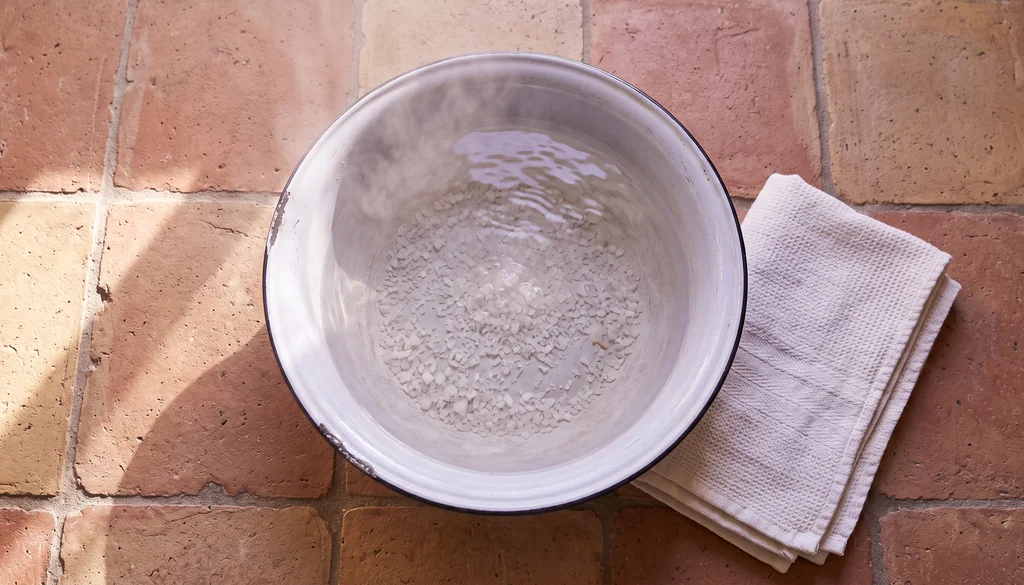 Bacia esmaltada com água morna e sal grosso sobre piso de barro, toalha dobrada ao lado