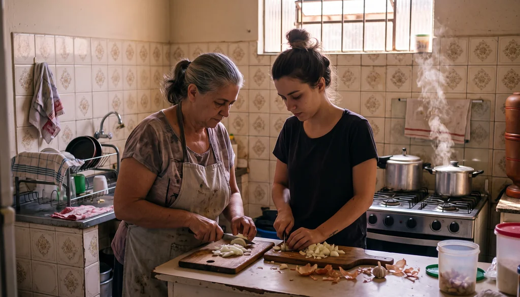 Duas mulheres cortando cebola lado a lado numa cozinha de casa de família no almoço de domingo