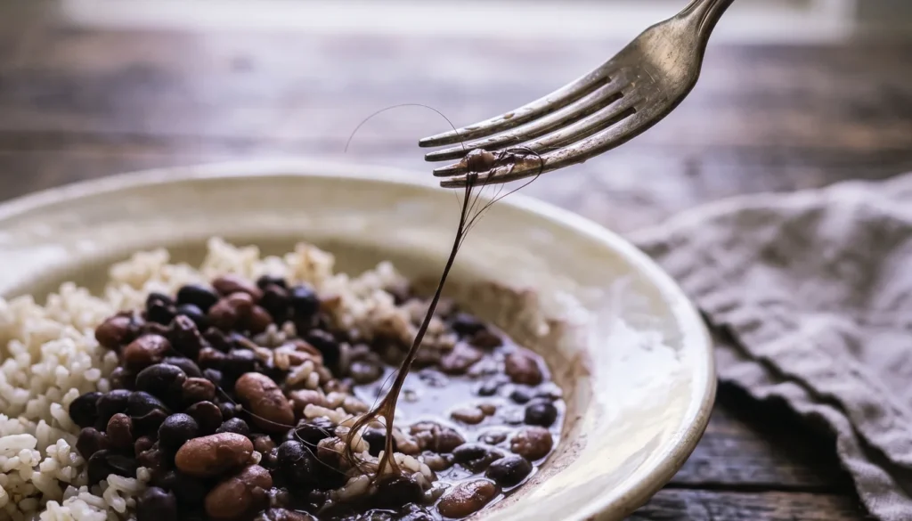 Fio de cabelo comprido puxado com o garfo de um prato de arroz e feijão sobre a mesa
