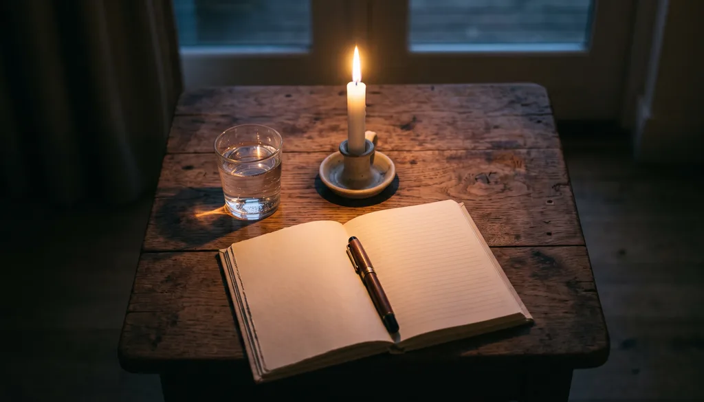 Vela acesa, copo de água e caderno aberto sobre mesa de madeira ao anoitecer