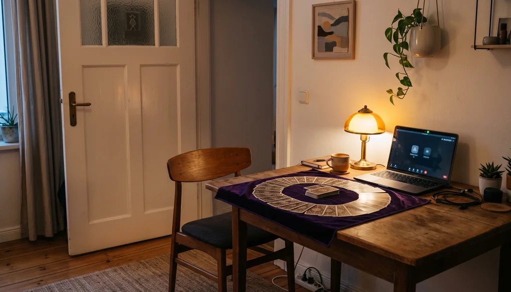 Mesa de atendimento de tarô virada de frente para a porta, com cartas sobre um pano roxo e uma luminária acesa