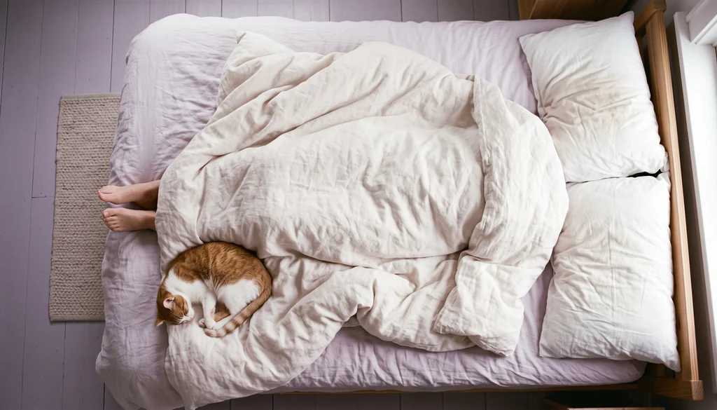 Gato deitado sobre os pés de uma pessoa na cama, visto de cima, com luz da manhã