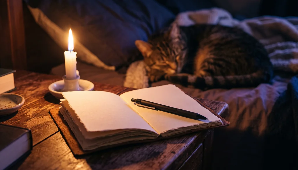Caderno aberto e vela acesa no criado-mudo, com gato dormindo na cama ao fundo