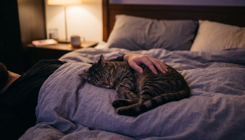 Gato tigrado dormindo em cima do peito do dono na cama, à luz de um abajur
