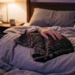 Gato tigrado dormindo em cima do peito do dono na cama, à luz de um abajur