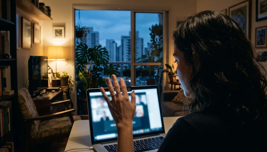 Mulher mostrando a unha do anelar para a câmera de um notebook durante uma chamada de vídeo