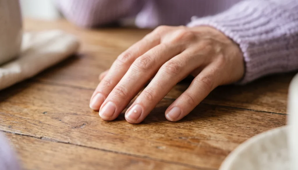 Mancha branca pequena na unha do dedo anelar de uma mão feminina apoiada sobre a mesa