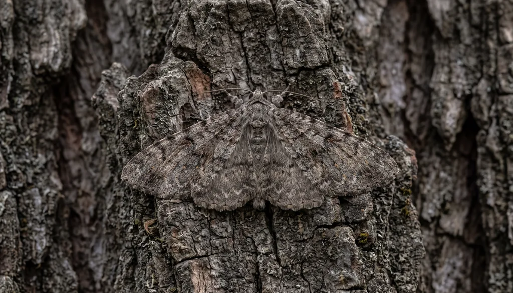 Mariposa camuflada contra a casca de uma árvore, quase invisível