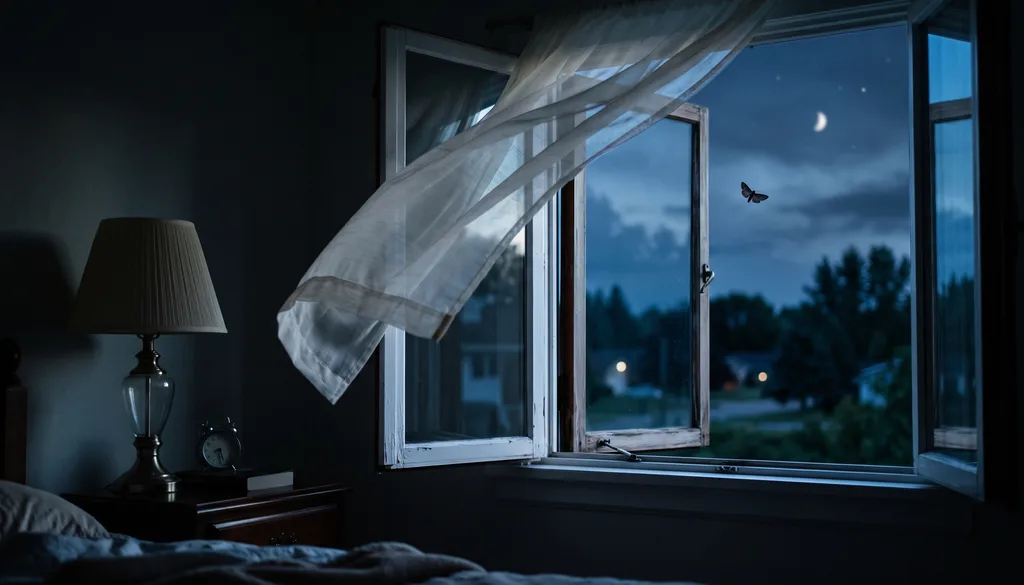 Janela de quarto aberta à noite com uma mariposa perto do batente