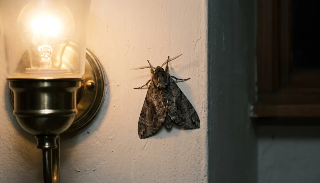 Mariposa cinza pousada na parede ao lado de uma luminária acesa à noite