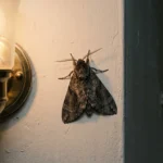 Mariposa cinza pousada na parede ao lado de uma luminária acesa à noite