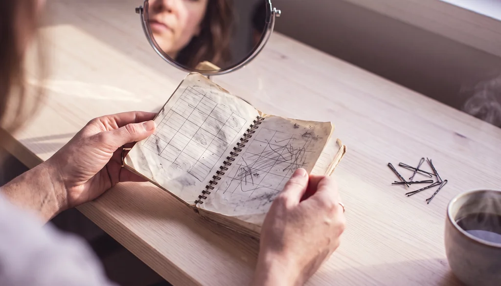 Mãos abrindo uma agenda de papel com espelho refletindo o rosto ao fundo
