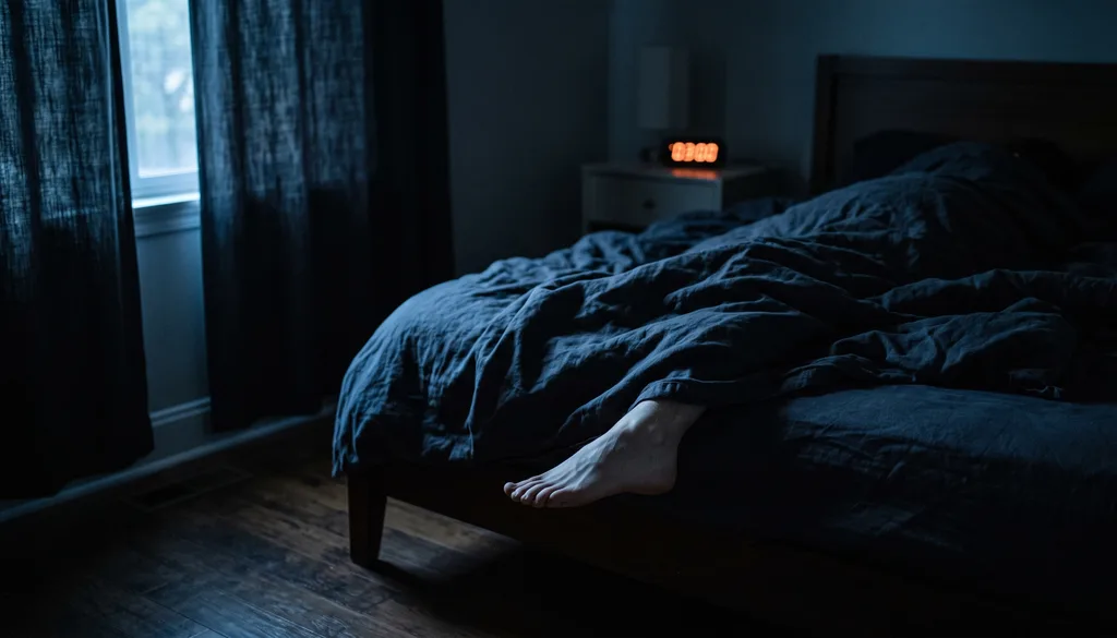 Pé descalço saindo do lençol num quarto escuro de madrugada