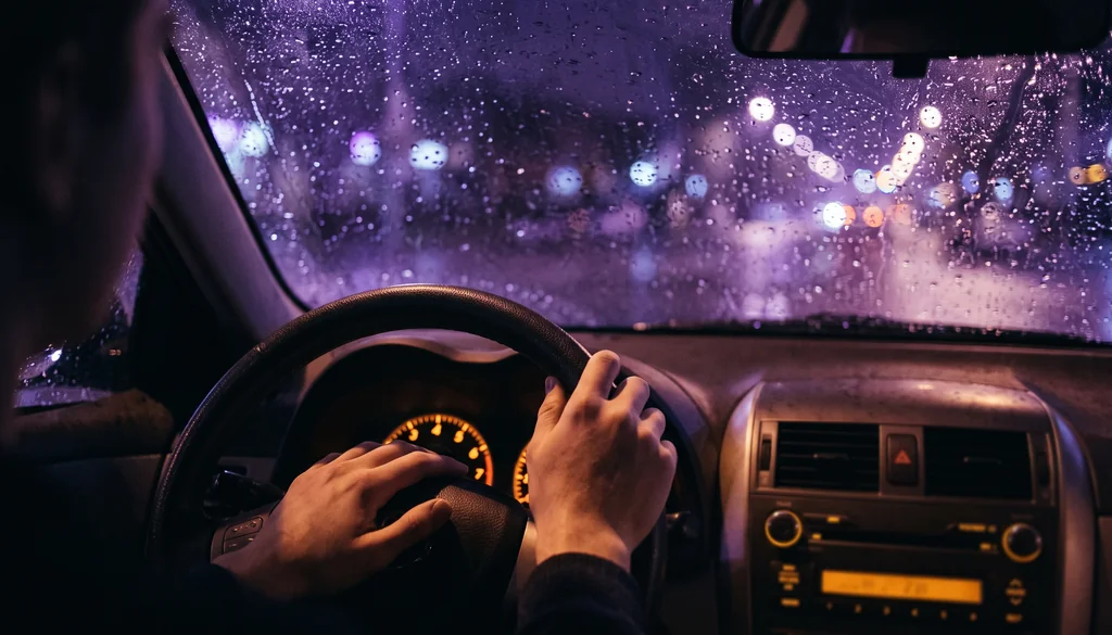 Mãos ao volante vistas de dentro do carro com chuva no para-brisa, representando quem dirigia no sonho