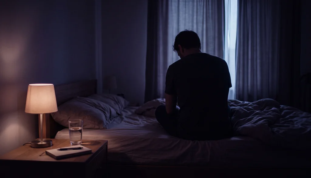Pessoa sentada na beira da cama ao amanhecer com copo de água e caderno, cena das primeiras horas depois do pesadelo