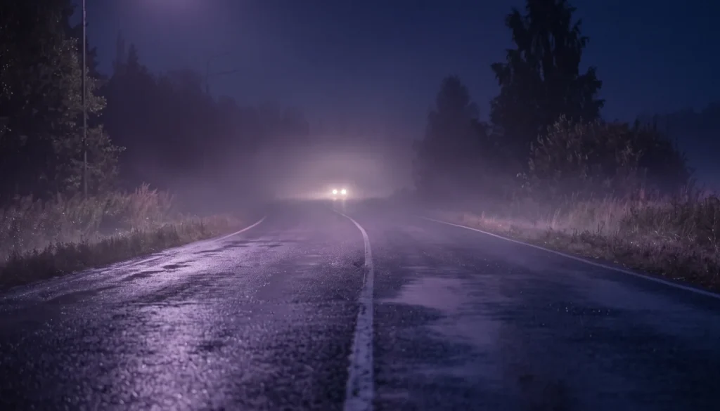 Estrada molhada à noite com faróis distantes na neblina, imagem simbólica do sonho com acidente de carro