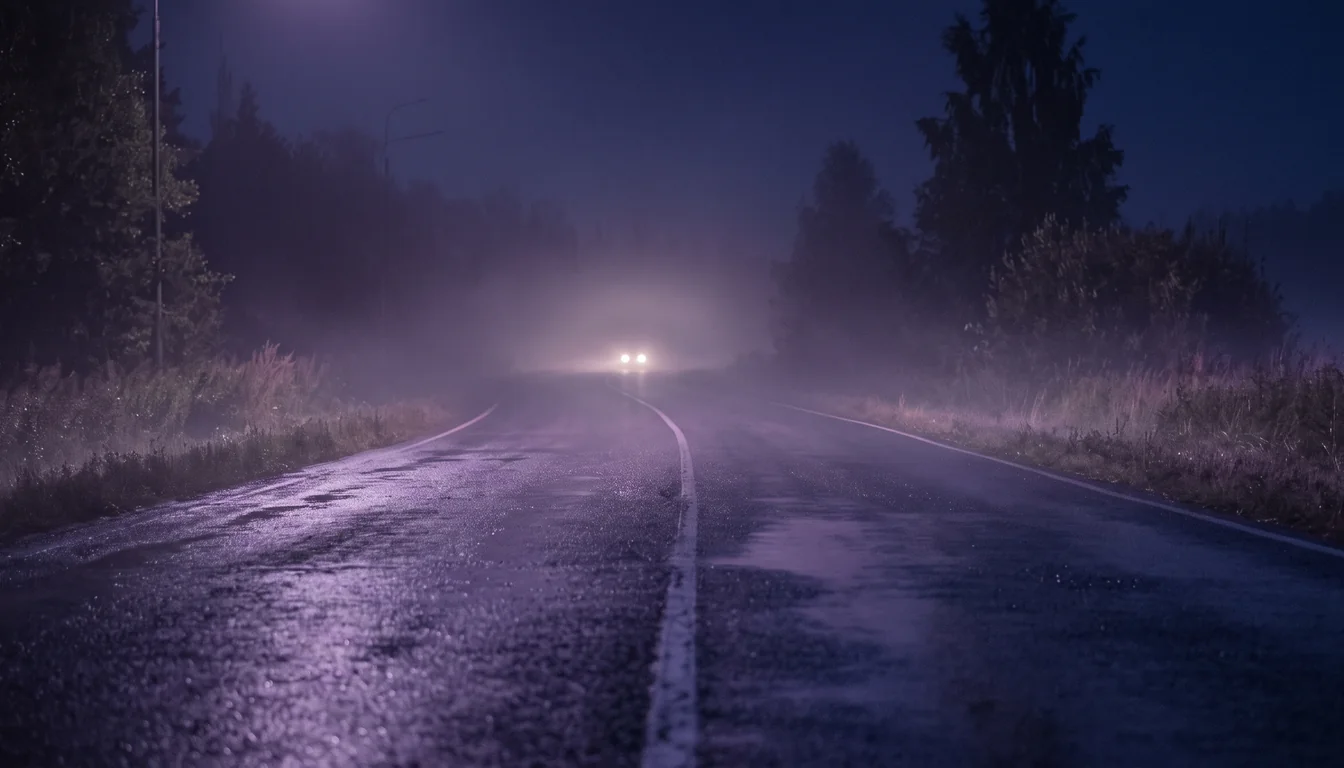 Estrada molhada à noite com faróis distantes na neblina, imagem simbólica do sonho com acidente de carro