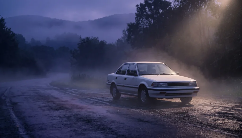 Carro branco parado numa estrada vazia ao amanhecer, com neblina baixa e céu violeta