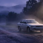 Carro branco parado numa estrada vazia ao amanhecer, com neblina baixa e céu violeta