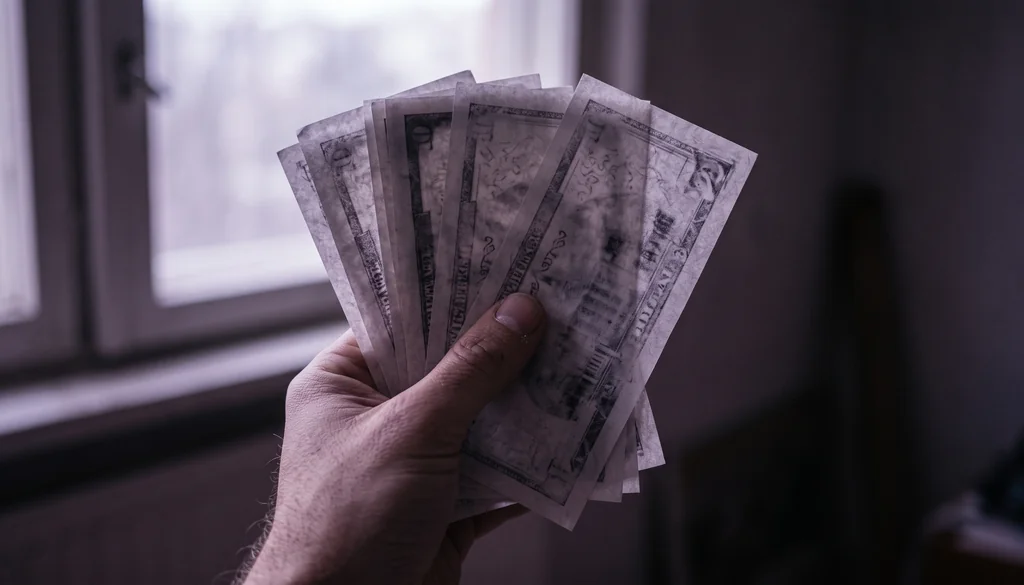 Mão segurando notas de dinheiro contra a luz da janela, o papel parecendo falso e translúcido
