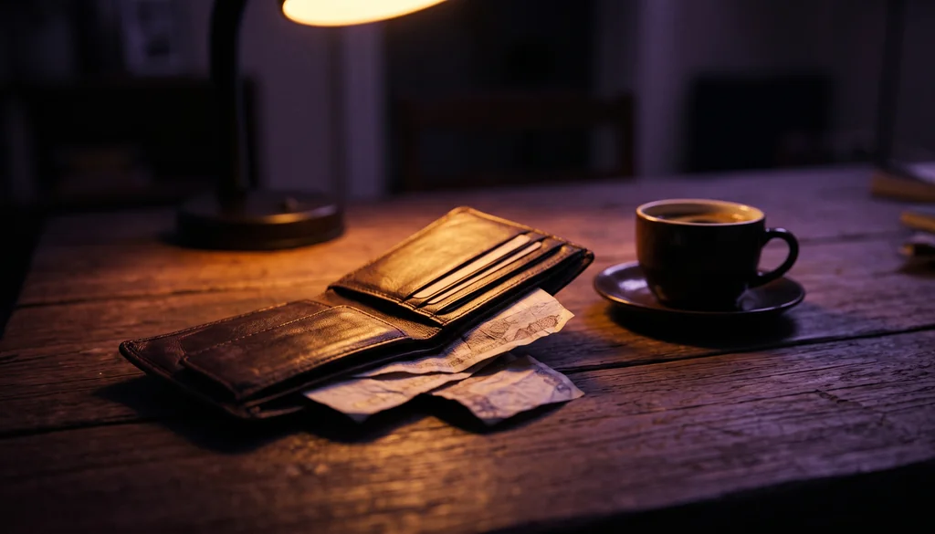 Carteira aberta sobre a mesa à noite, com notas saindo dela sob a luz de um abajur