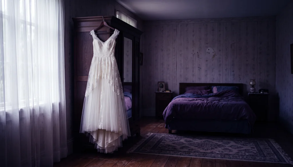 Vestido de noiva branco pendurado sozinho num cabide, em um quarto escuro iluminado pela janela