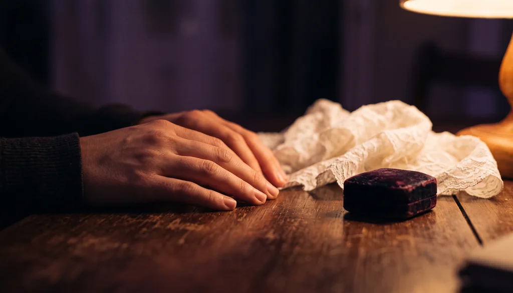 Mãos de uma mulher sobre a mesa ao lado de um pedaço de renda branca e uma caixinha de aliança