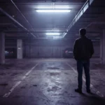 Vaga de estacionamento vazia à noite com uma pessoa parada olhando o espaço onde o carro estaria