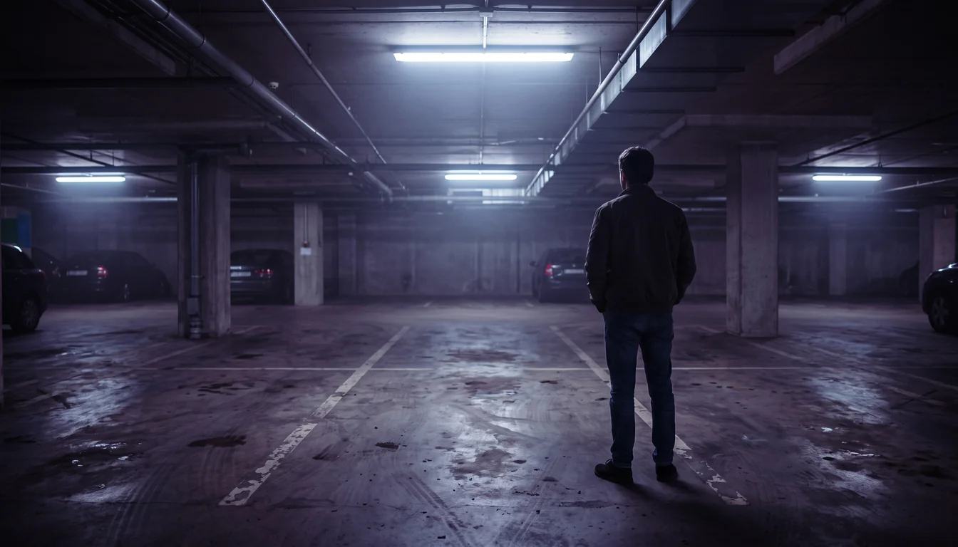 Vaga de estacionamento vazia à noite com uma pessoa parada olhando o espaço onde o carro estaria