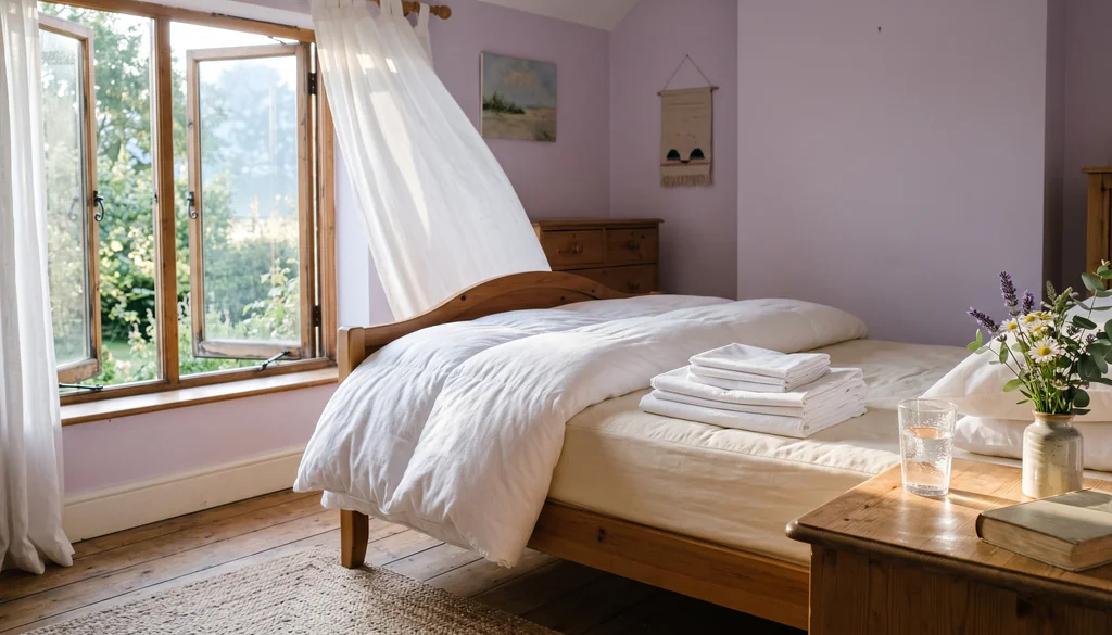 Quarto arejado de manhã, janela aberta, roupa de cama trocada e copo d'água no criado-mudo