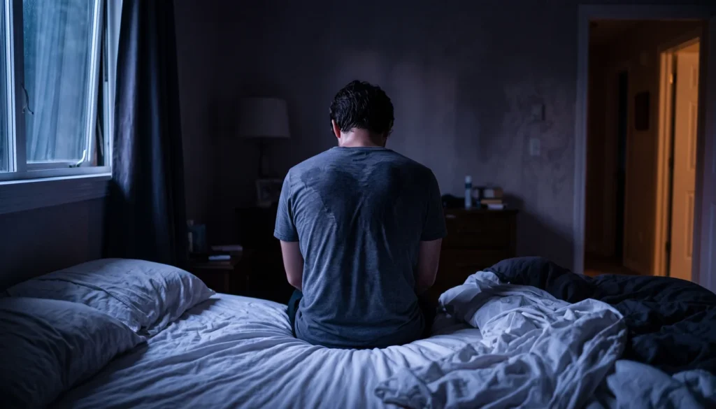 Pessoa sentada na beira da cama de madrugada, de costas, com a camiseta úmida de suor