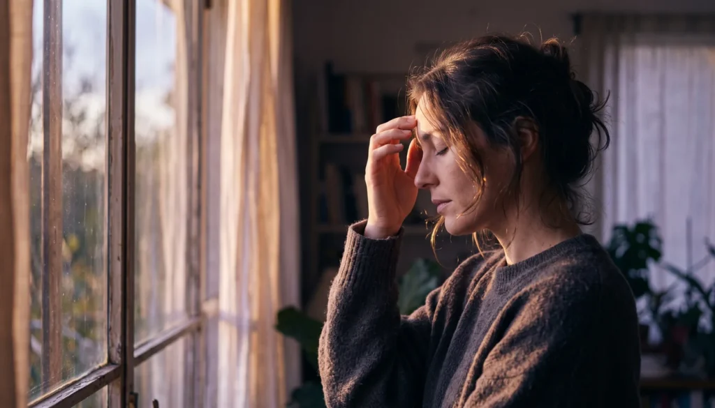 Mulher de perfil com os dedos apoiados na testa, luz dourada de fim de tarde na janela