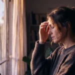 Mulher de perfil com os dedos apoiados na testa, luz dourada de fim de tarde na janela